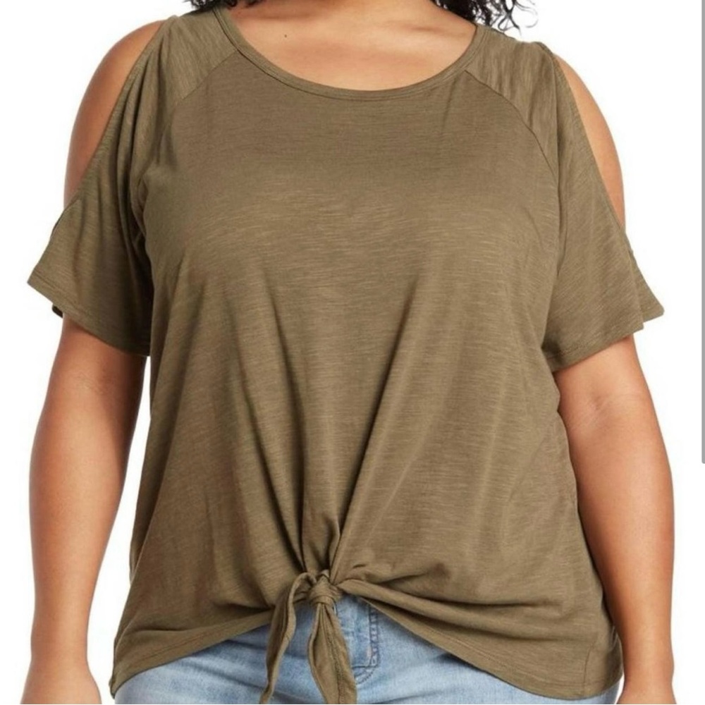 Sanctuary Plus Size 2X Cold Shoulder Tie Front Olive Green Scoop Neck Top NWT